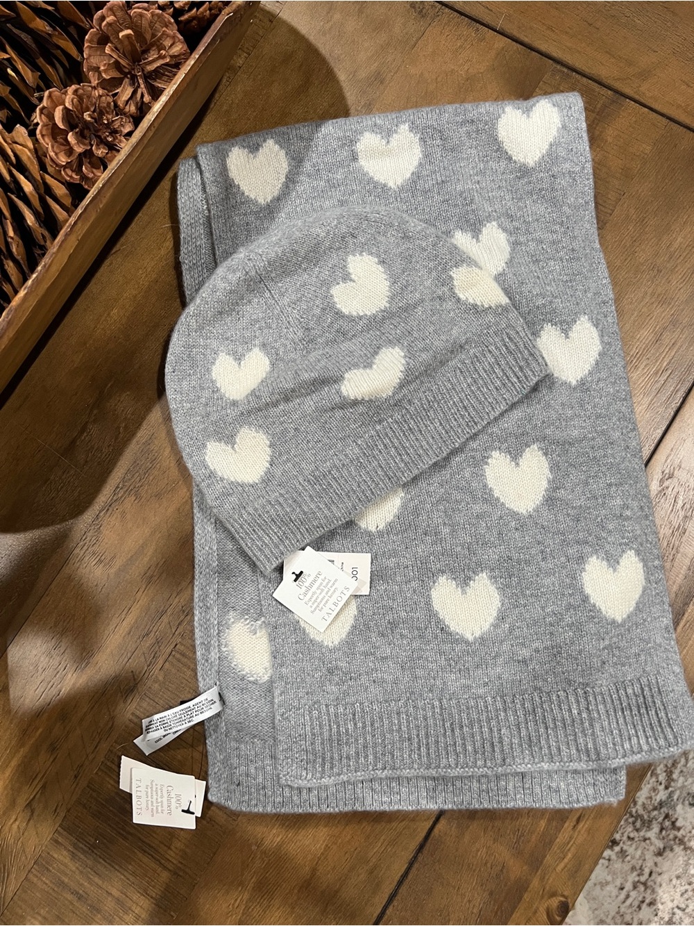 Talbots Gray and Cream Heart Knit Scarf & Beanie Set